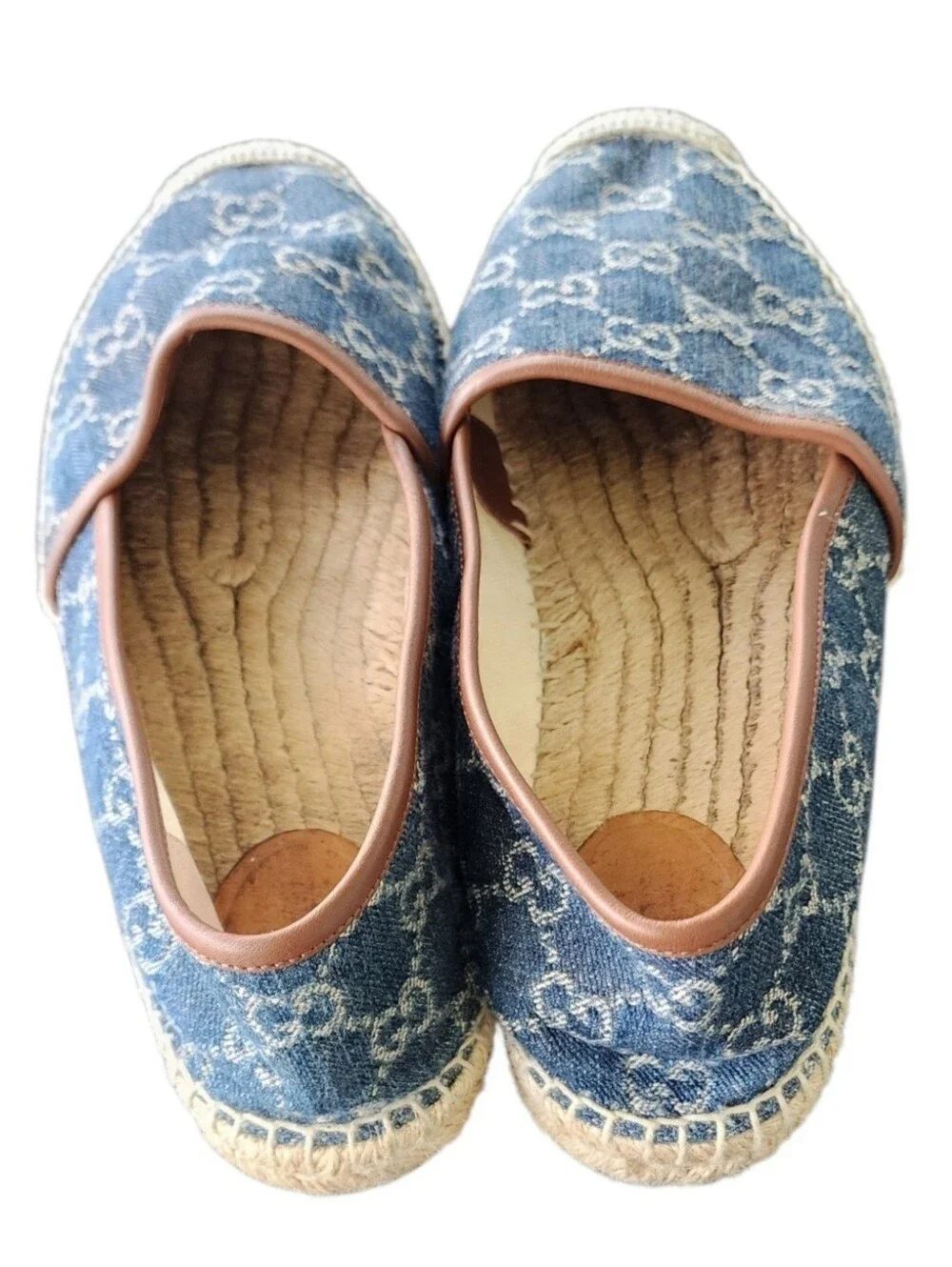 Gucci Blue Monogram Denim Espadrille Flats with Brown Trim